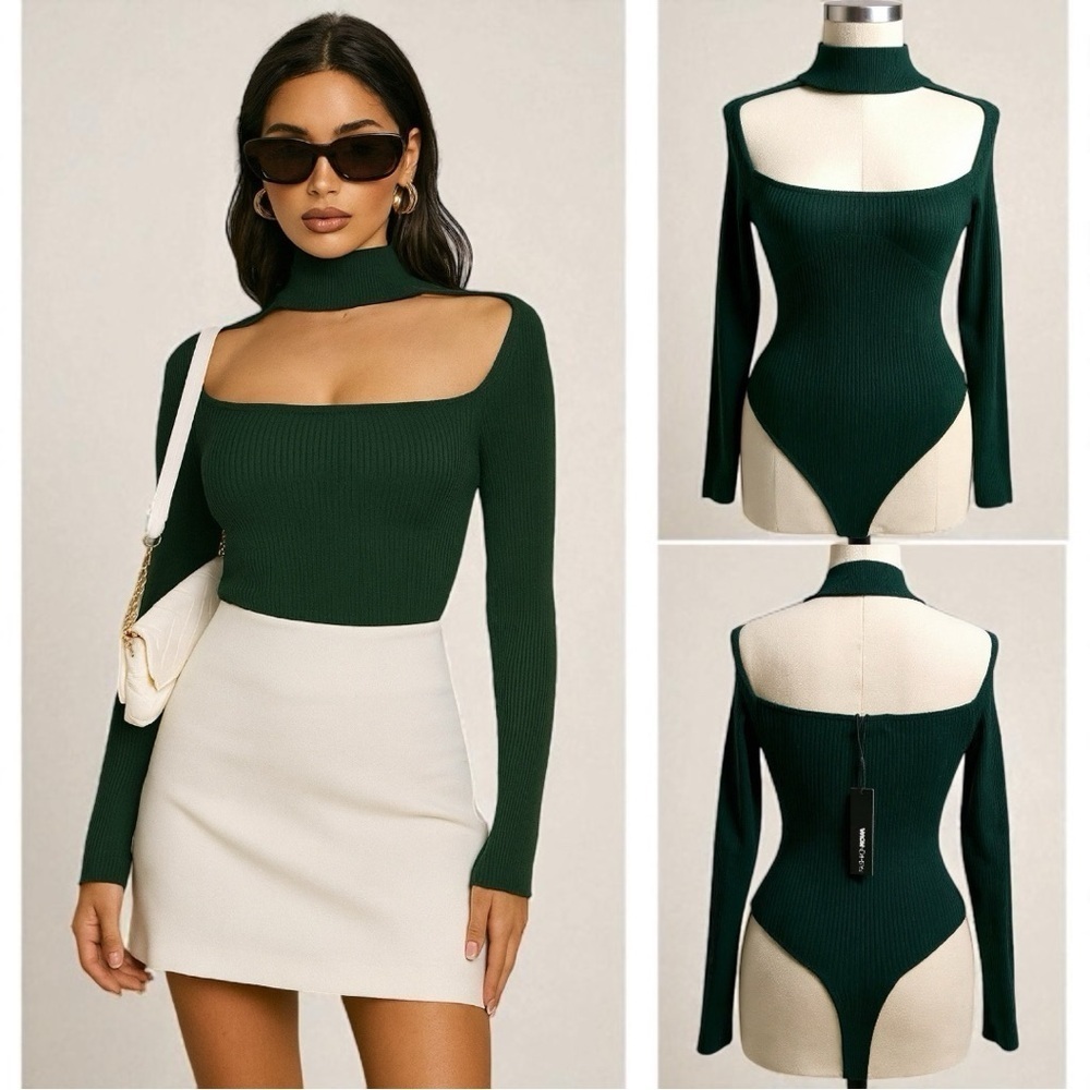 242 Fashion Nova | NWT $35 Forest Green Cut-Out Bodysuit (Size S)